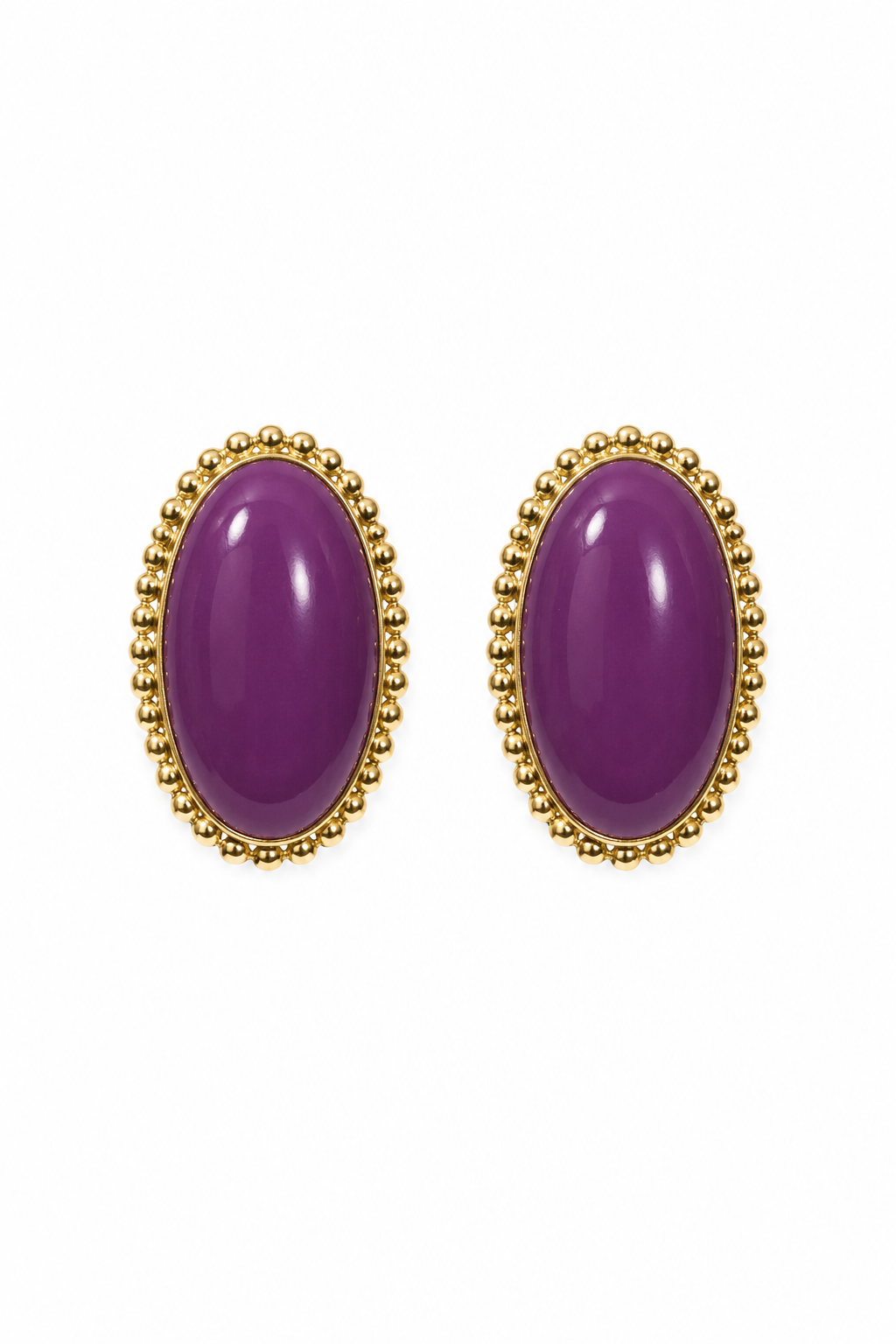 Vintage 1980s Magenta Purple Cabochon Gold Tone Statement Post Earrings Oval Beaded Frame