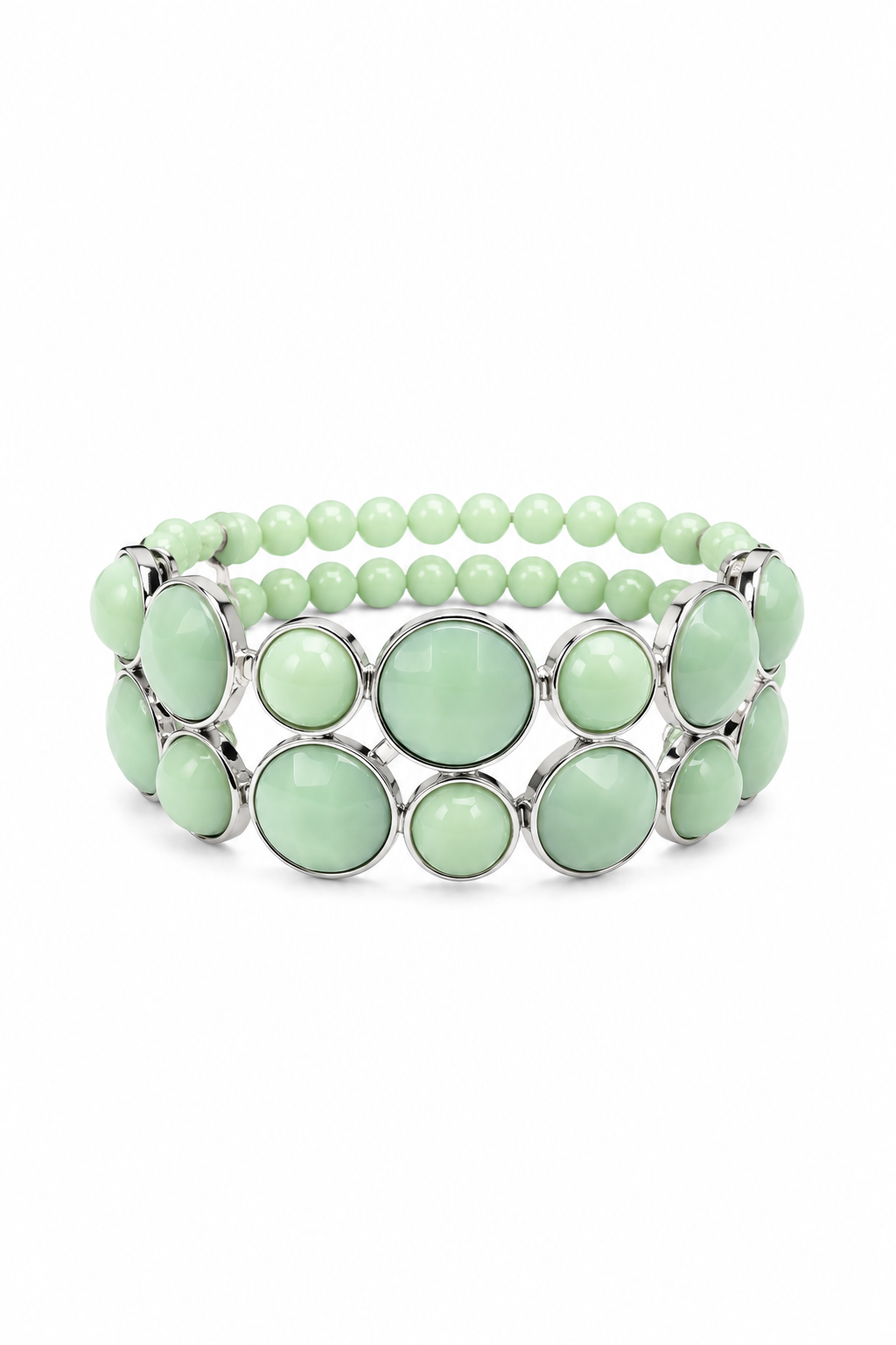 Mint Green Beaded Stretch Bracelet with Silver-Tone Bubble Settings