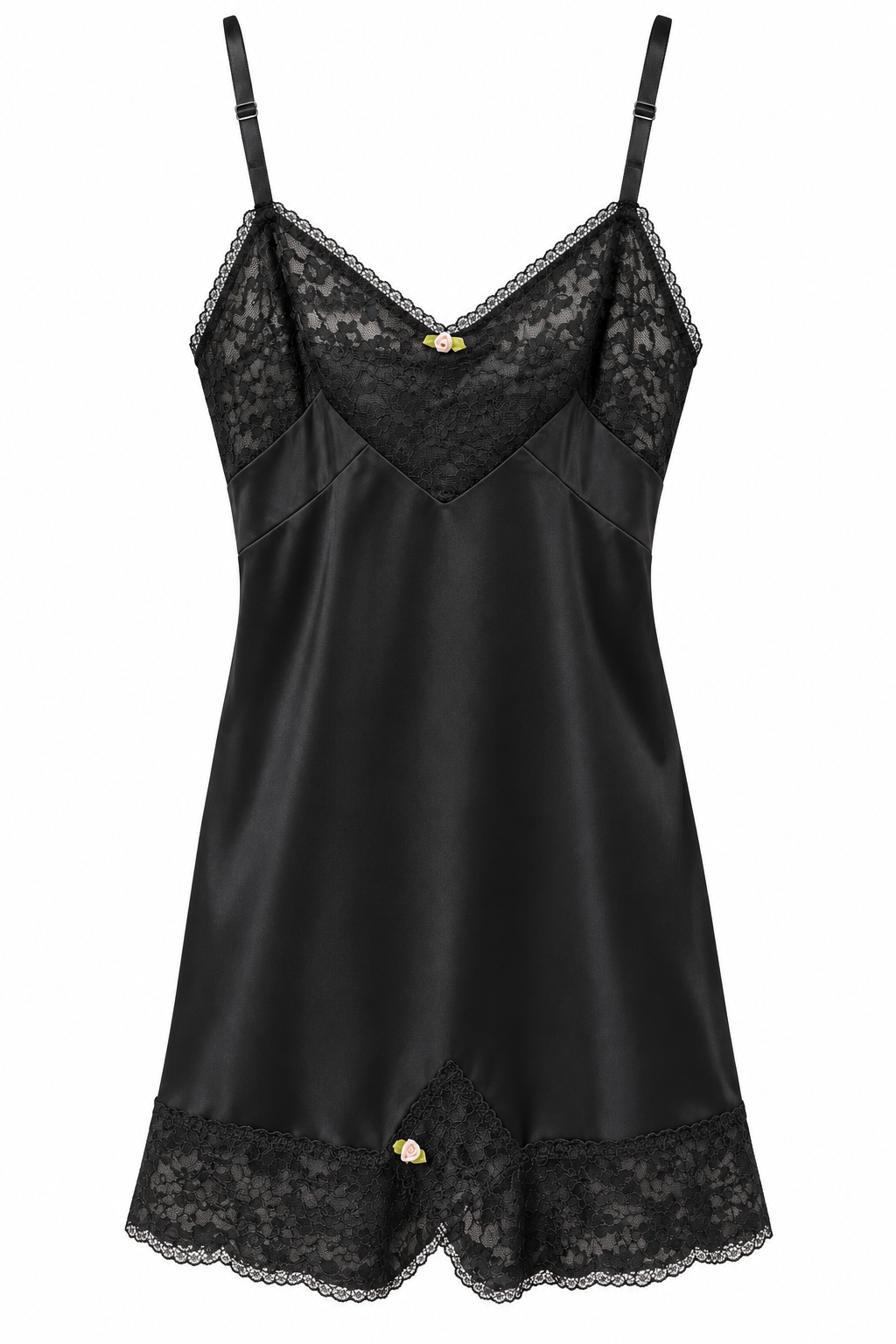 Vintage Made in USA Black Satin & Lace Slip Nightgown – New With Tags – Size 36 (Small)