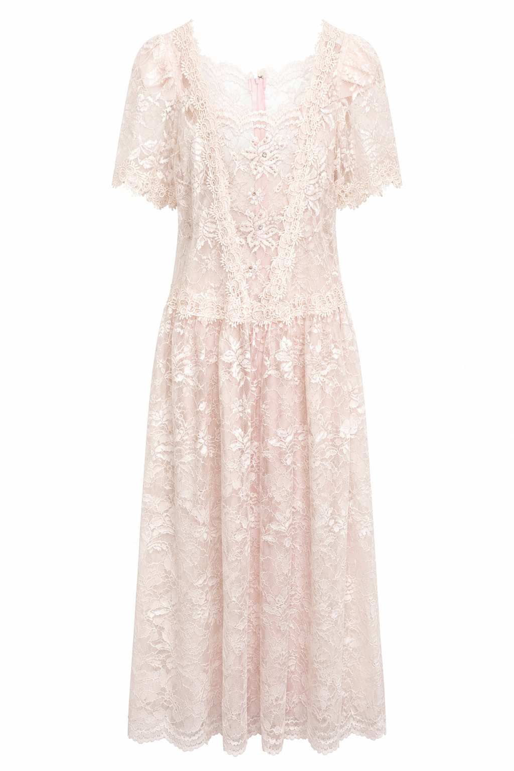 Vintage 1980s Blush Pink Sheer Floral Lace Dress Romantic Maxi Dress XS/S