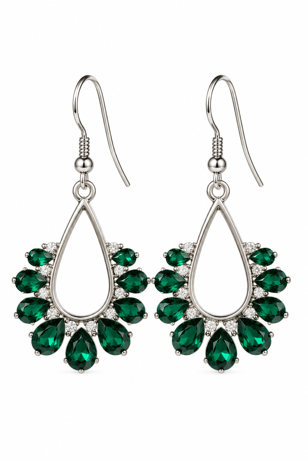 Emerald Green Crystal Silver-Tone Teardrop Earrings | Elegant Christmas & Holiday Statement Jewelry