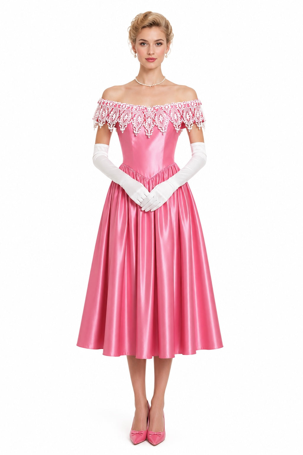 Vintage 1980s Hot Pink Satin Midi Formal Dress White Lace Collar Princess Dress S/M