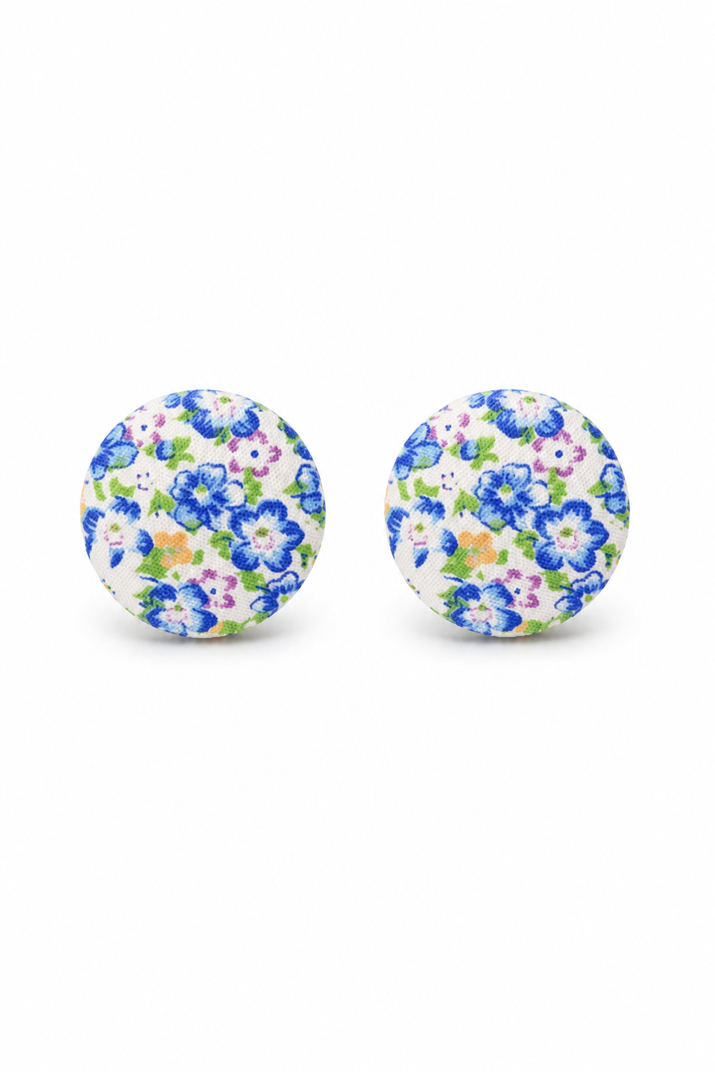 Vintage Blue Floral Fabric Button Stud Earrings – Cottagecore Statement Studs | 1”