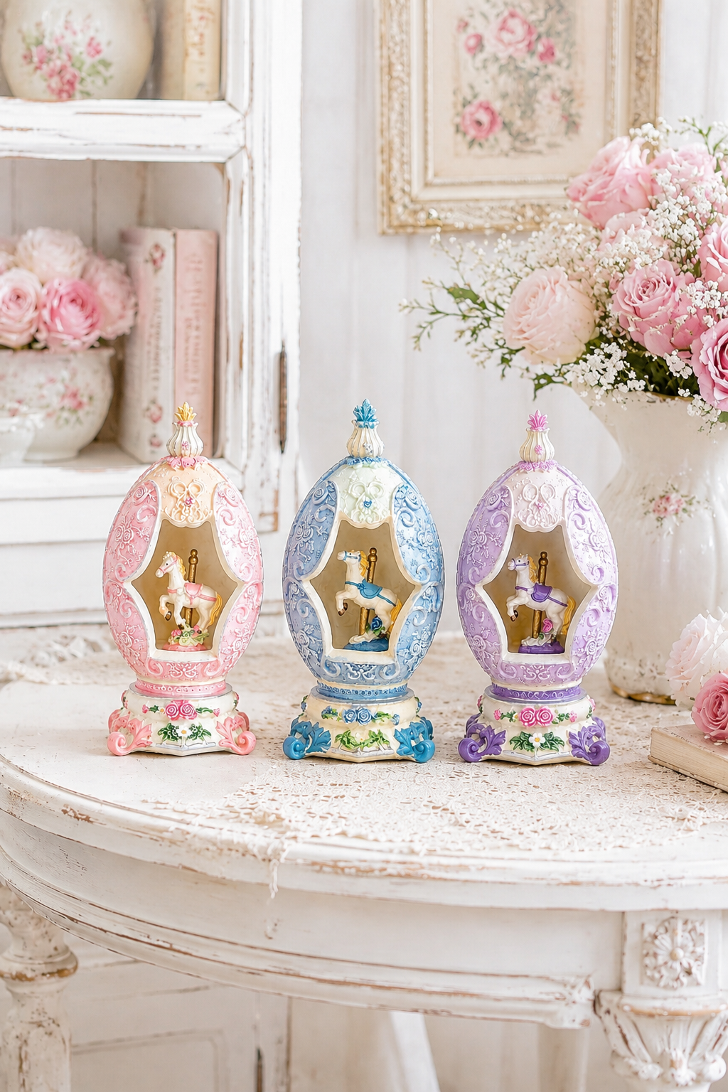Vintage 1990s K’s Collection Purple Carousel Horse Ornamental Egg Figurine – Victorian Floral Décor