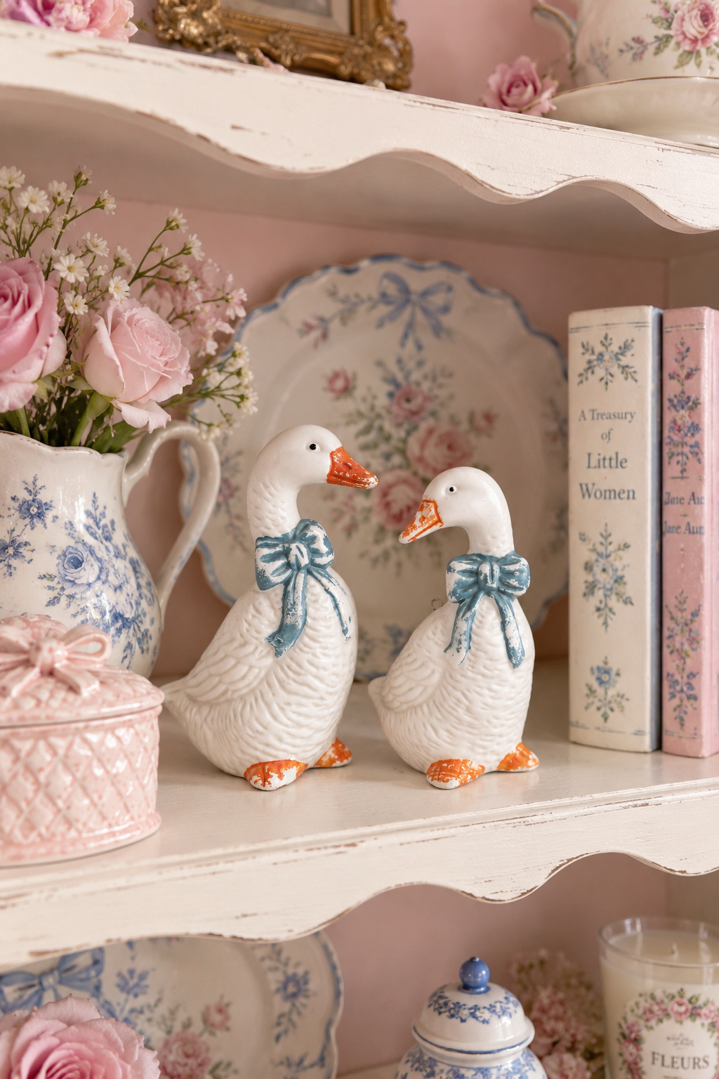 Vintage 1980s White Ceramic Goose Figurines / Ornaments – Set of 2