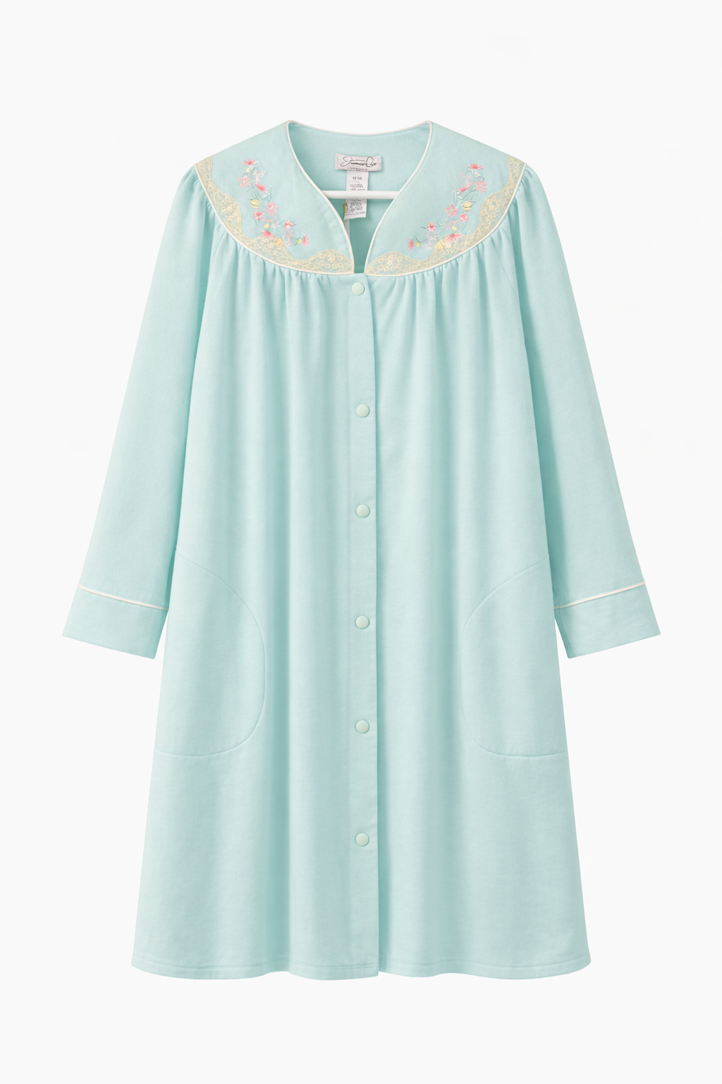 Vintage 1980s-90s Powder Blue House Coat | Floral Embroidered Lace Robe, Feminine Lounge Dress- size M