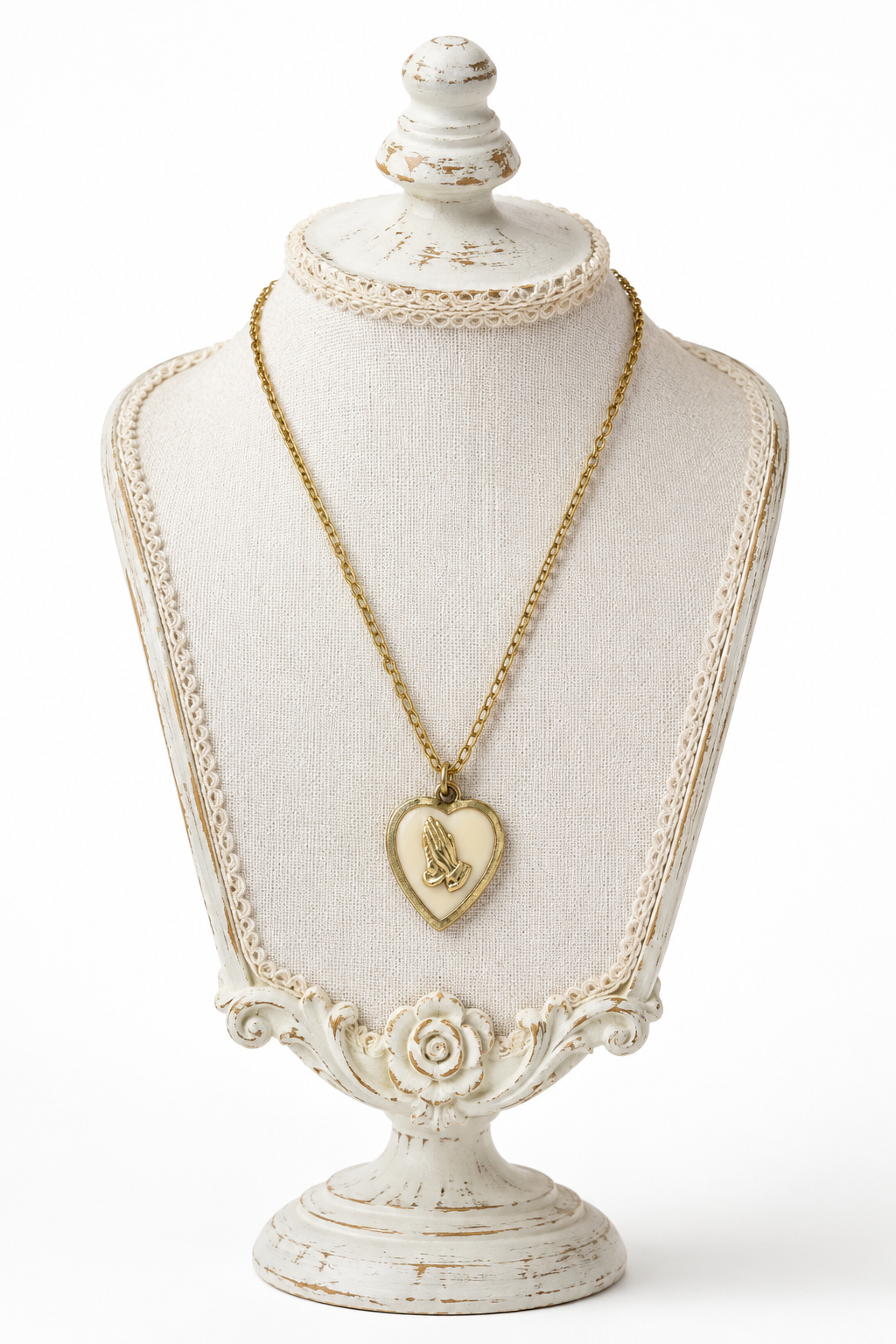 Vintage 1970s–1980s Gold Tone Praying Hands Heart Necklace | Cream Enamel Heart Pendant | Religious Devotional Jewelry | Faith-Inspired Vintage Necklace