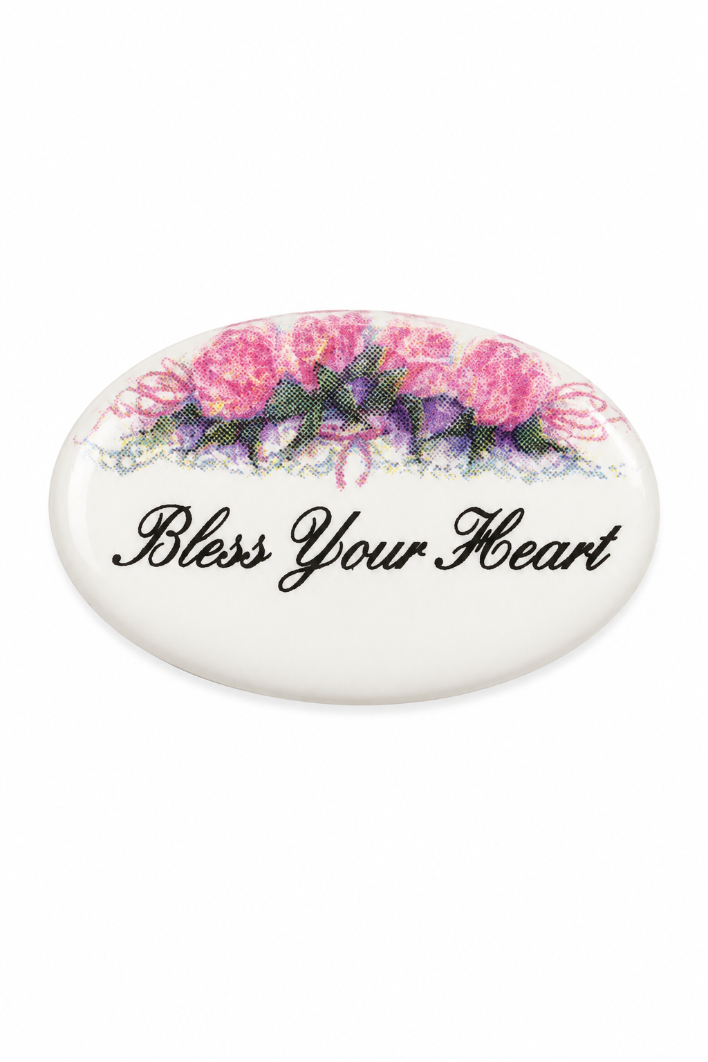 Vintage 1980s “Bless Your Heart” Porcelain Floral Lapel Pin Brooch Oval Cottagecore