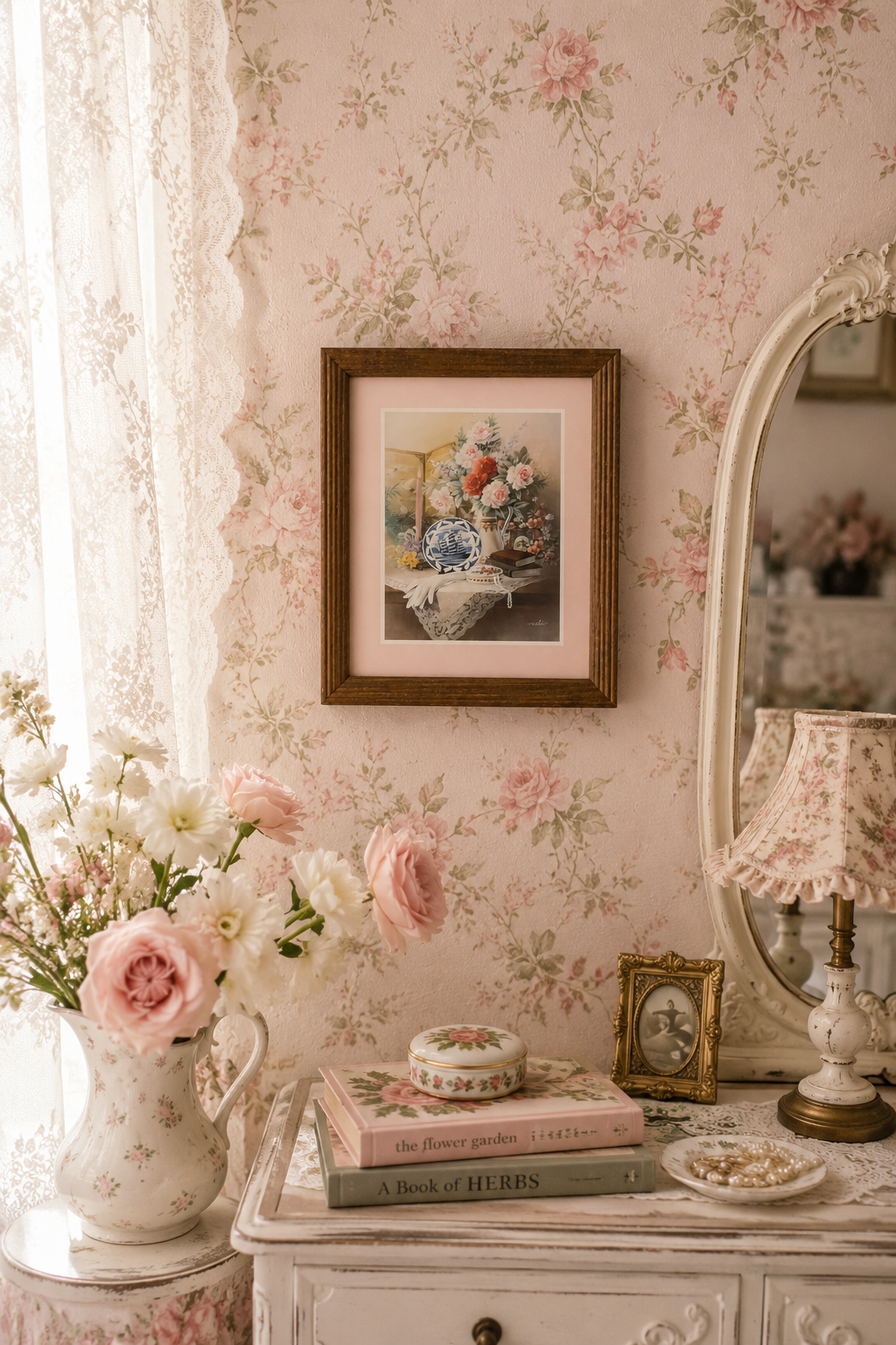 Vintage T.C. Cheiu Floral Still Life Art Print | Framed Cottage Wall Art | Romantic Vintage Décor | 11.5” x 9.5”