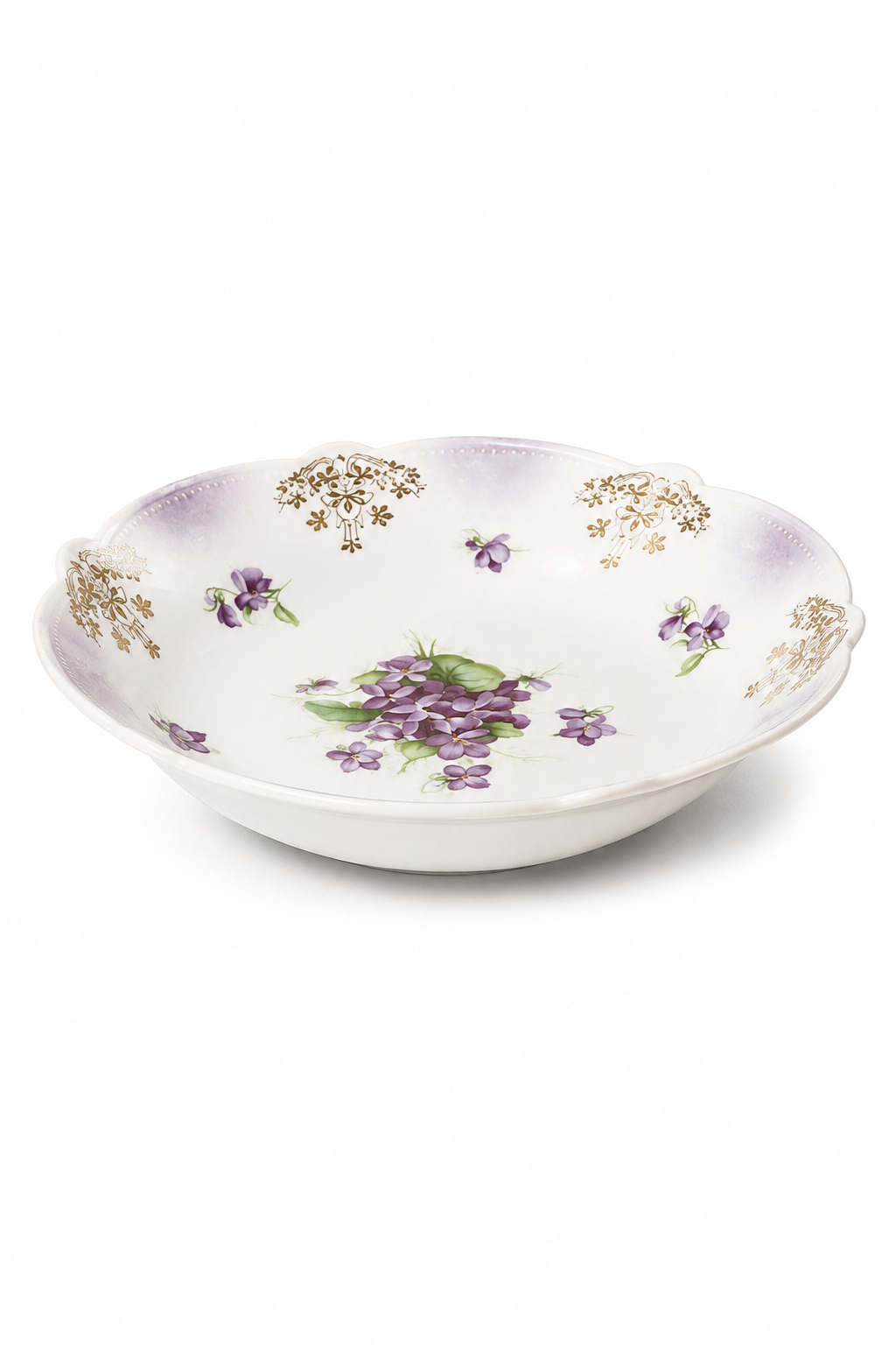 Vintage 1940s–1950s Bavarian Purple Violet Floral Serving Bowl | Gold Detail, 8.5”