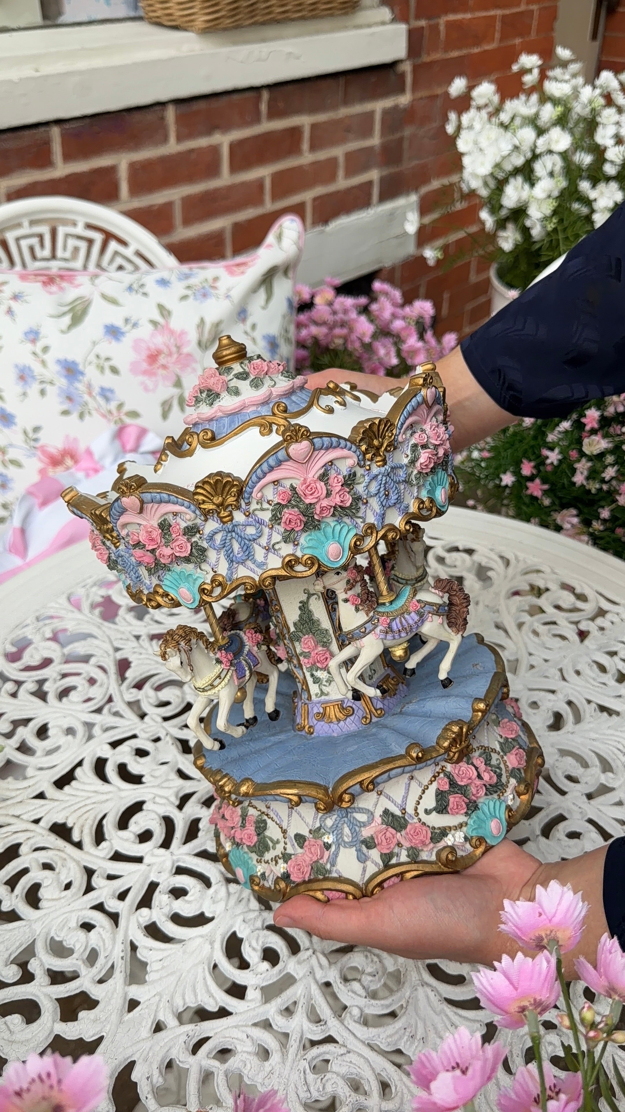 RARE Vintage Floral Blue Carousel – Large Decorative Display Piece *BROKEN* Display ONlY!