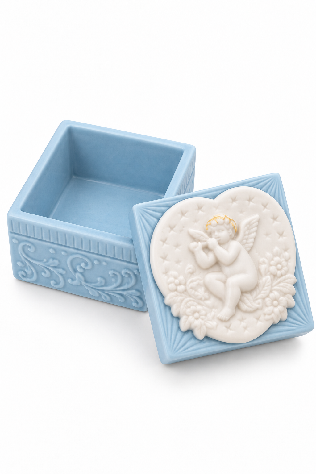 Vintage 1980s–1990s JCM Angel Trinket Box | Blue Bisque Cherub Jewelry Box