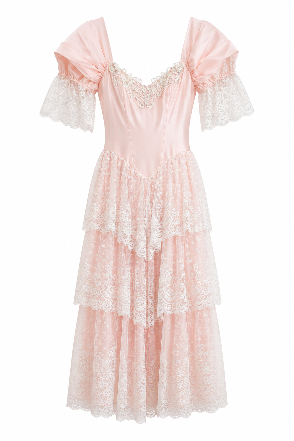 Vintage 1970s–80s Alfred Angelo Pink Lace Ruffle Gown | Romantic Prairie Maxi Dress | (5/6) S/M Made in USA