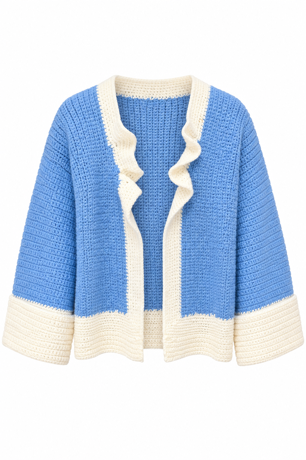 Vintage 1970s Handmade Blue & Cream Crochet Cardigan Ruffle Open Front S/M