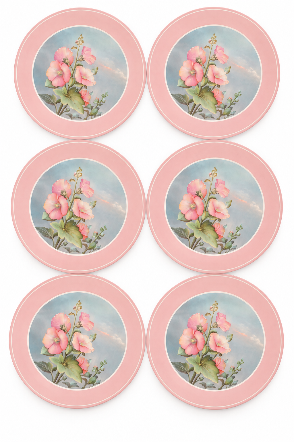 Vintage 1970s Pimpernel Pink Hollyhocks Floral Cork-Backed Placemats Set of 6 with Box – England