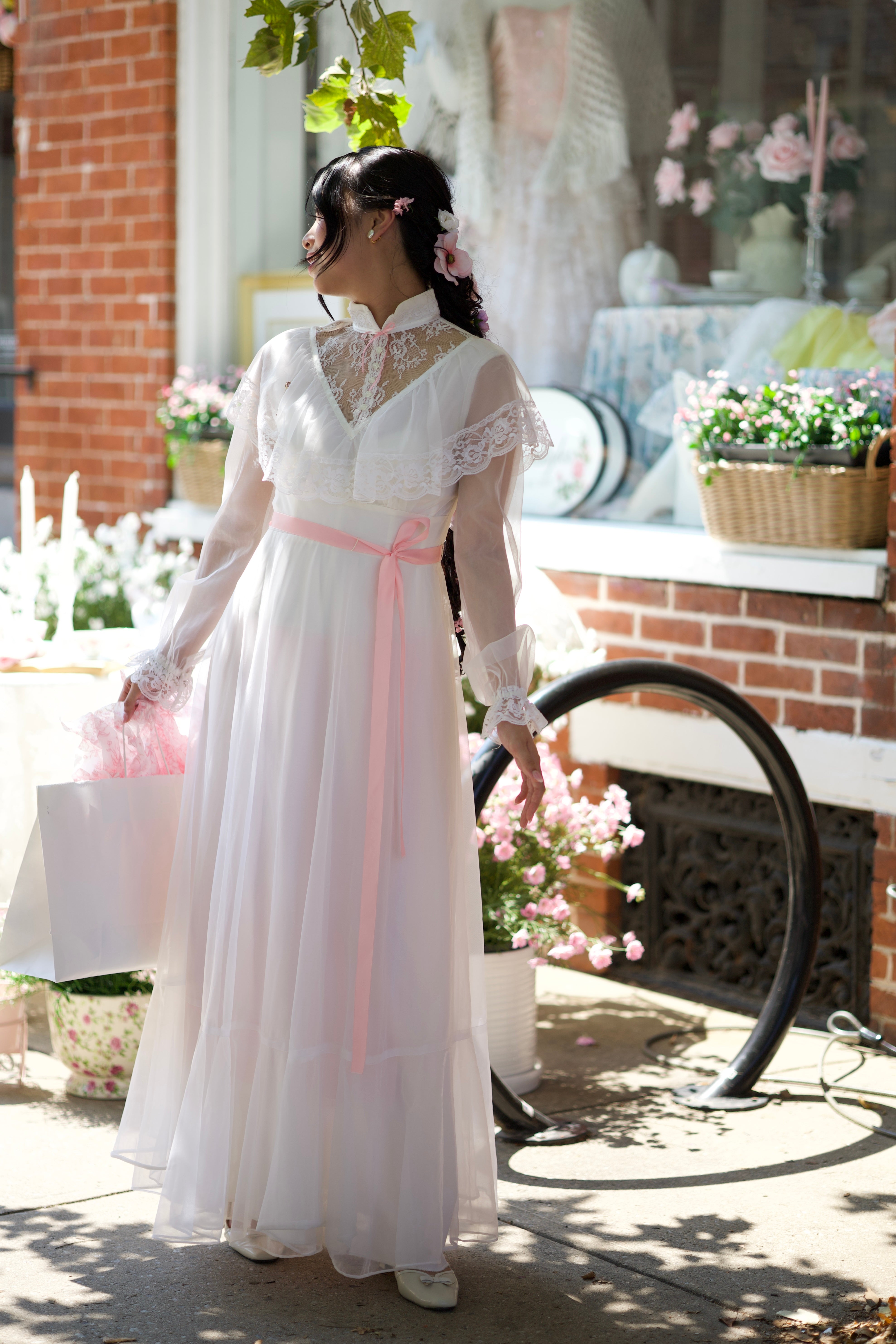 Vintage 1970s Ivory Prairie Dress Pink Ribbon Lace Romantic Bridal Wedding Dress XS/S Handmade