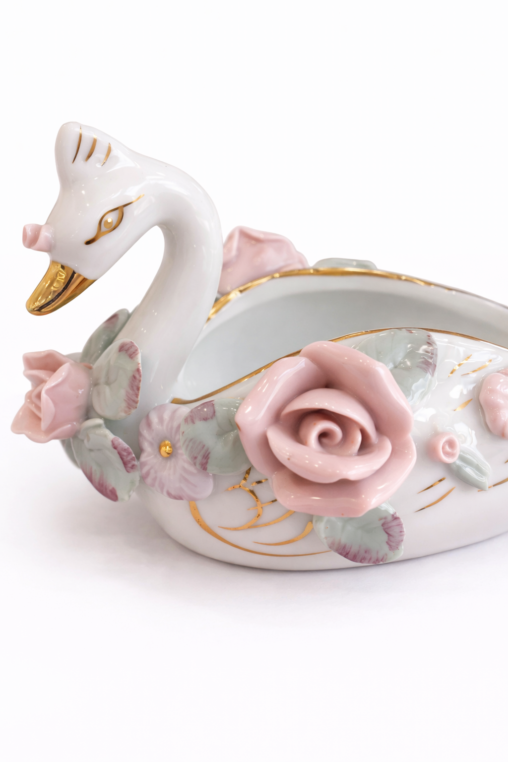 Vintage Japanese Porcelain Swan Trinket Dish (1940s–1950s) | Pink Floral, Gold Detail, Mini Jewelry Holder