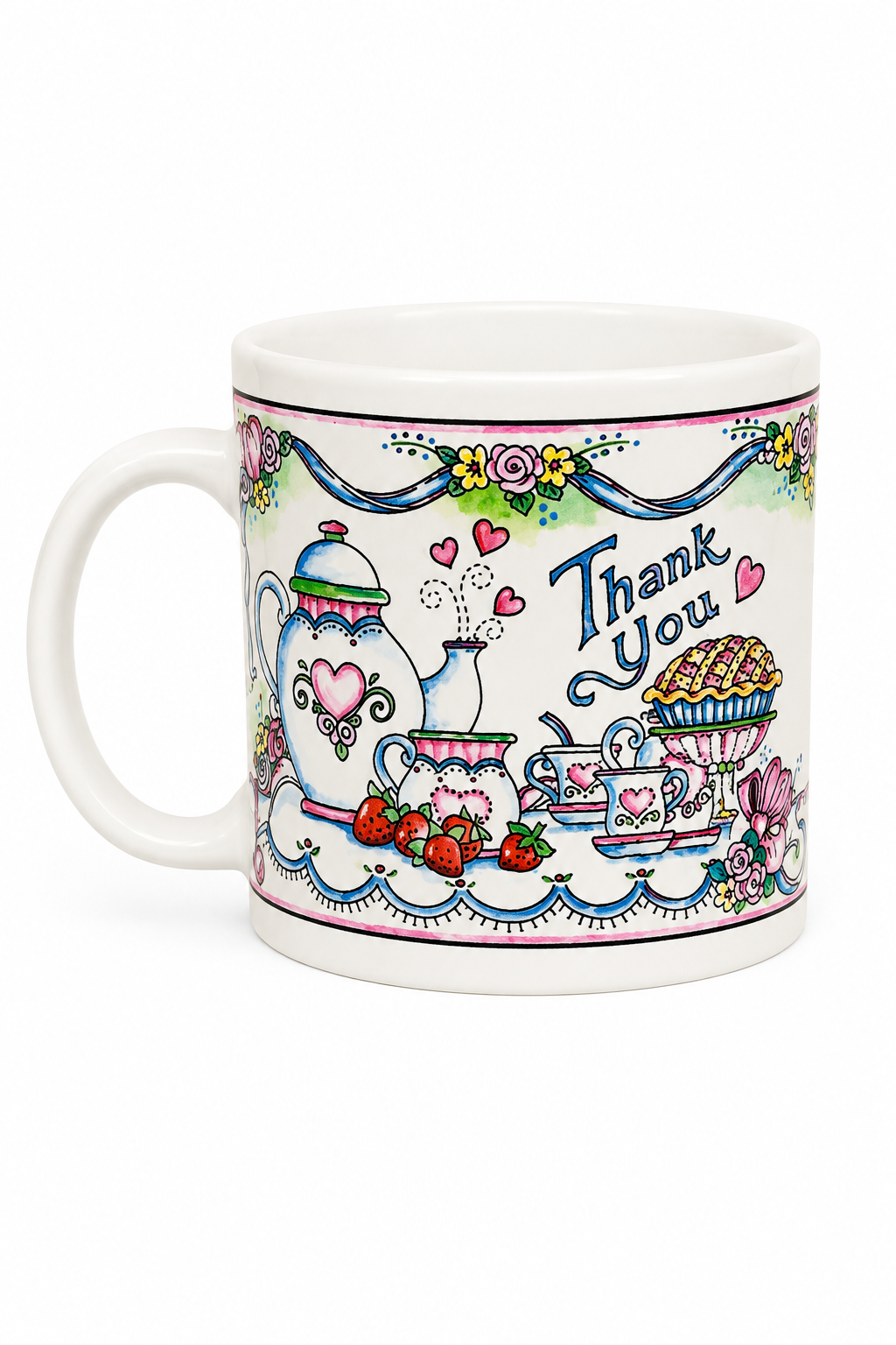 Vintage 1999 About Face Designs Shelly S. Rasche “Thank You” Friendship Message Mug – Floral Tea Party Ceramic Cup