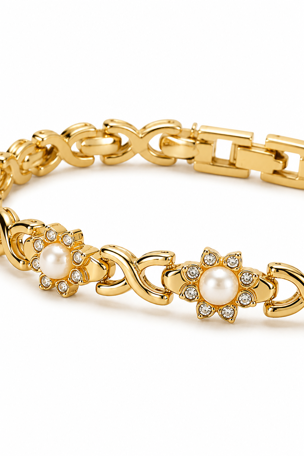 Vintage Gold Tone Hugs & Kisses Link Bracelet – Faux Pearl Rhinestone Flower Statement Jewelry