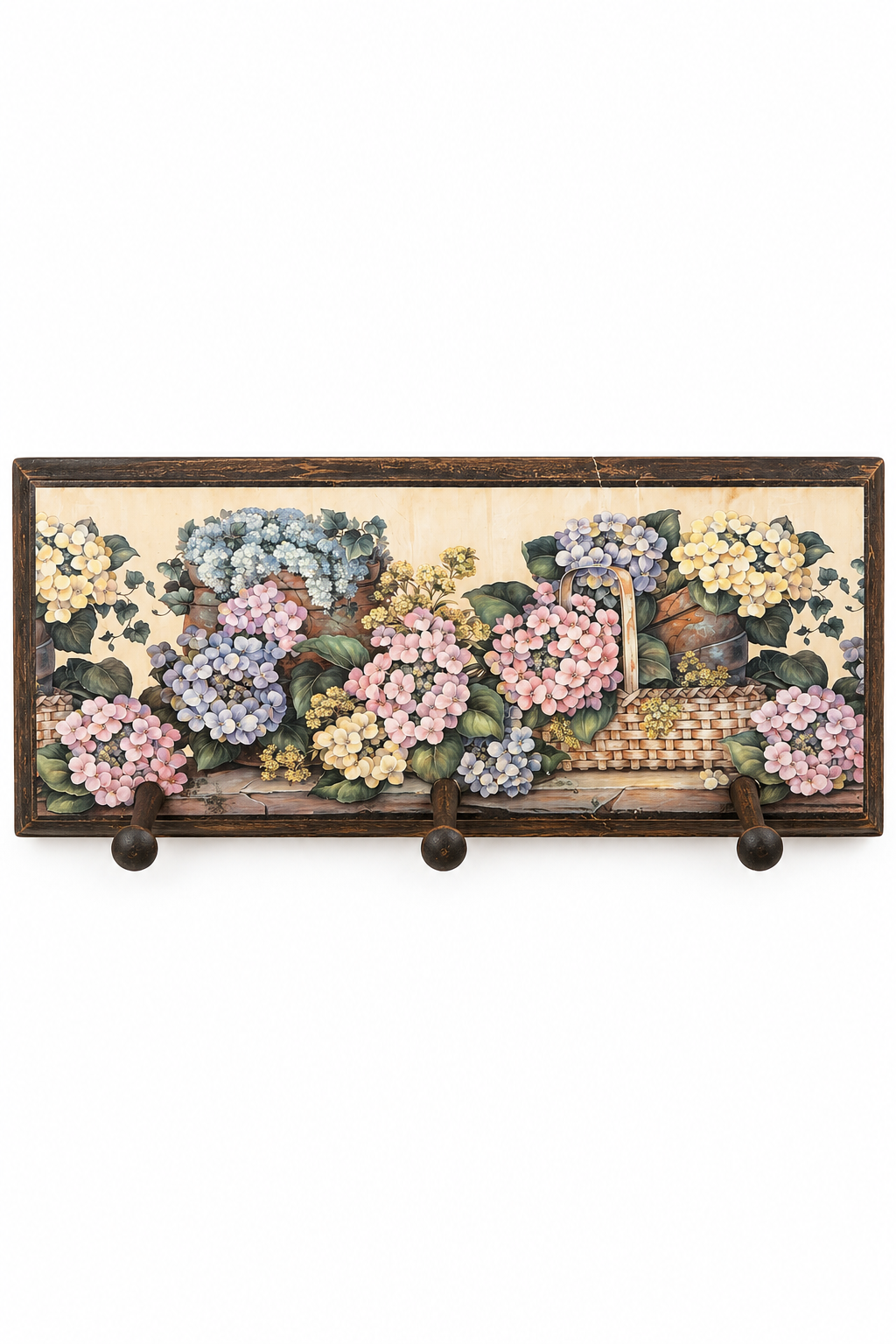 Vintage 1990s Hydrangea Basket Decorative Wooden Wall Coat & Towel Rack – 3 Pegs