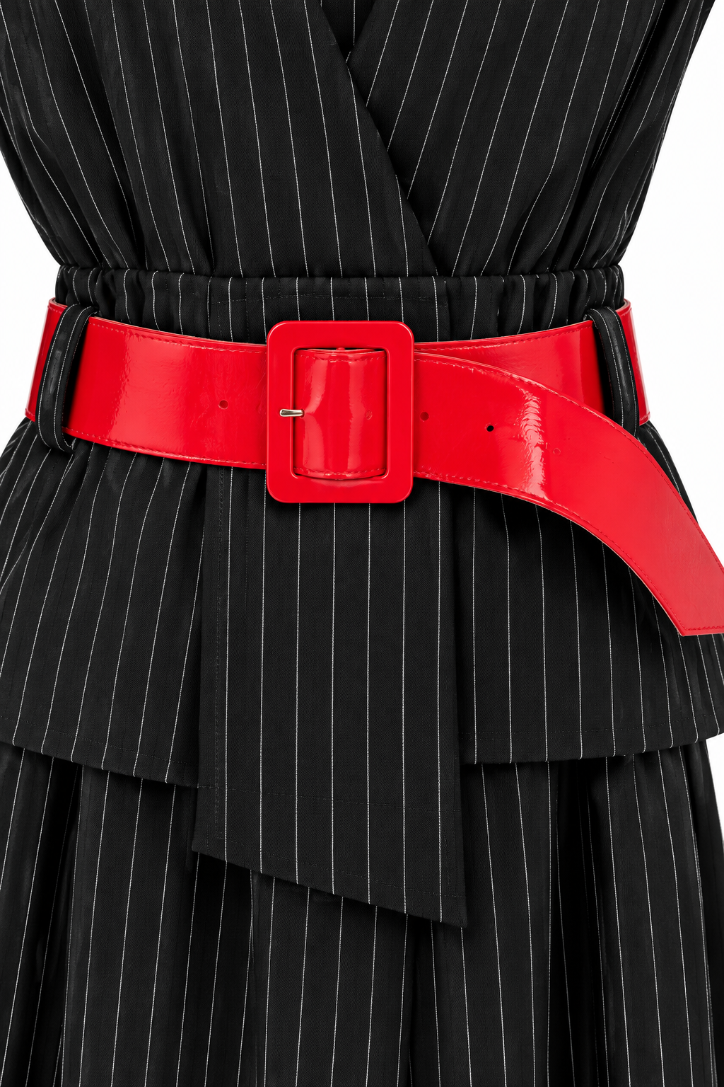 Vintage T Juniors Black Pinstripe Belted Dress – Red Statement Belt – Size 5