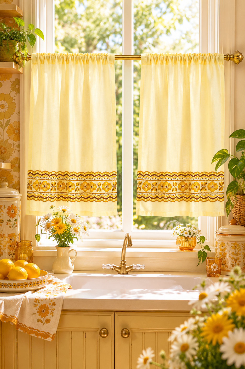 Vintage 1970s Butter Yellow Daisy Curtains | Set of 2 Retro Kitchen Window Panels