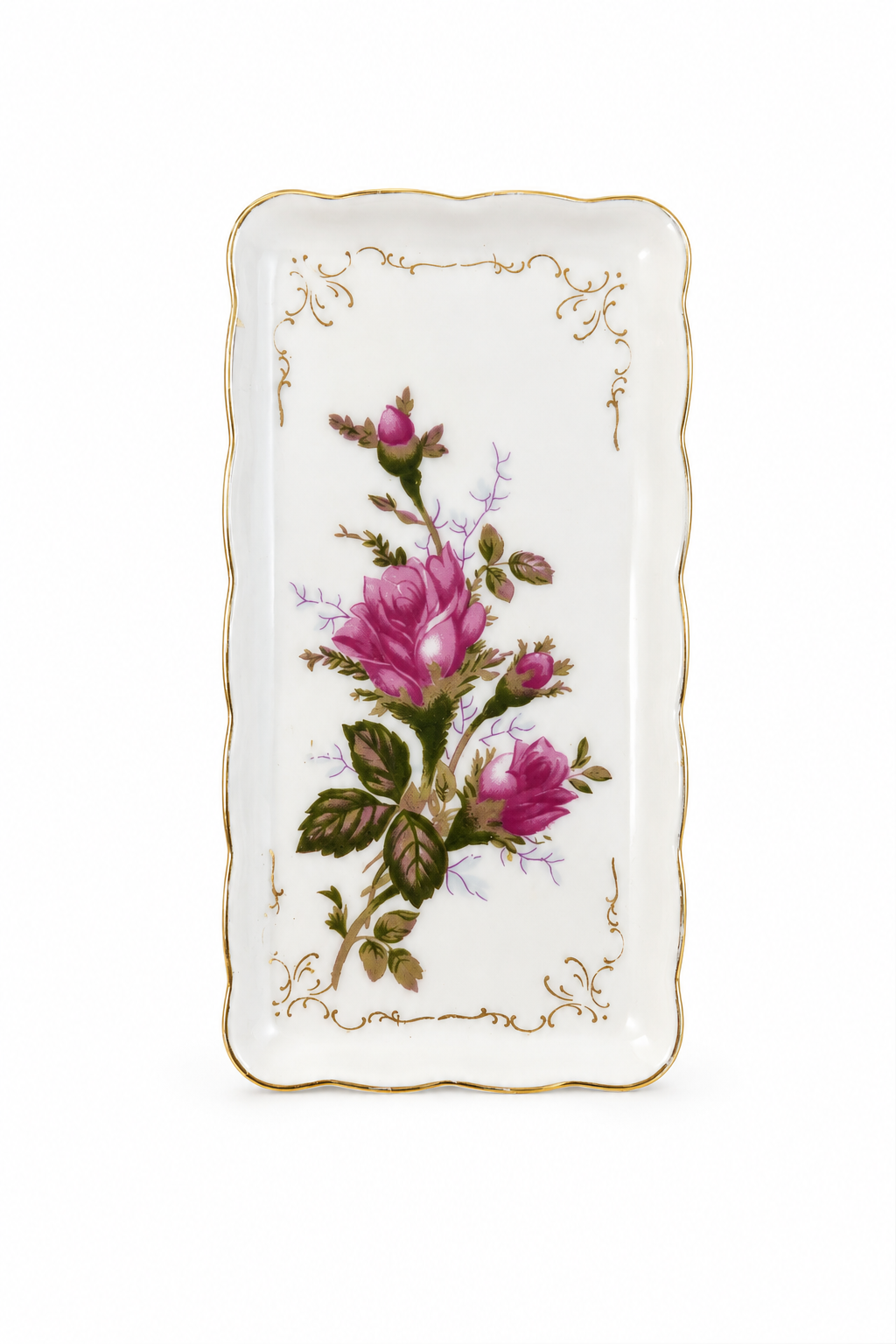 Vintage 1950s Pink Rose Porcelain Vanity Tray – Gold Trim