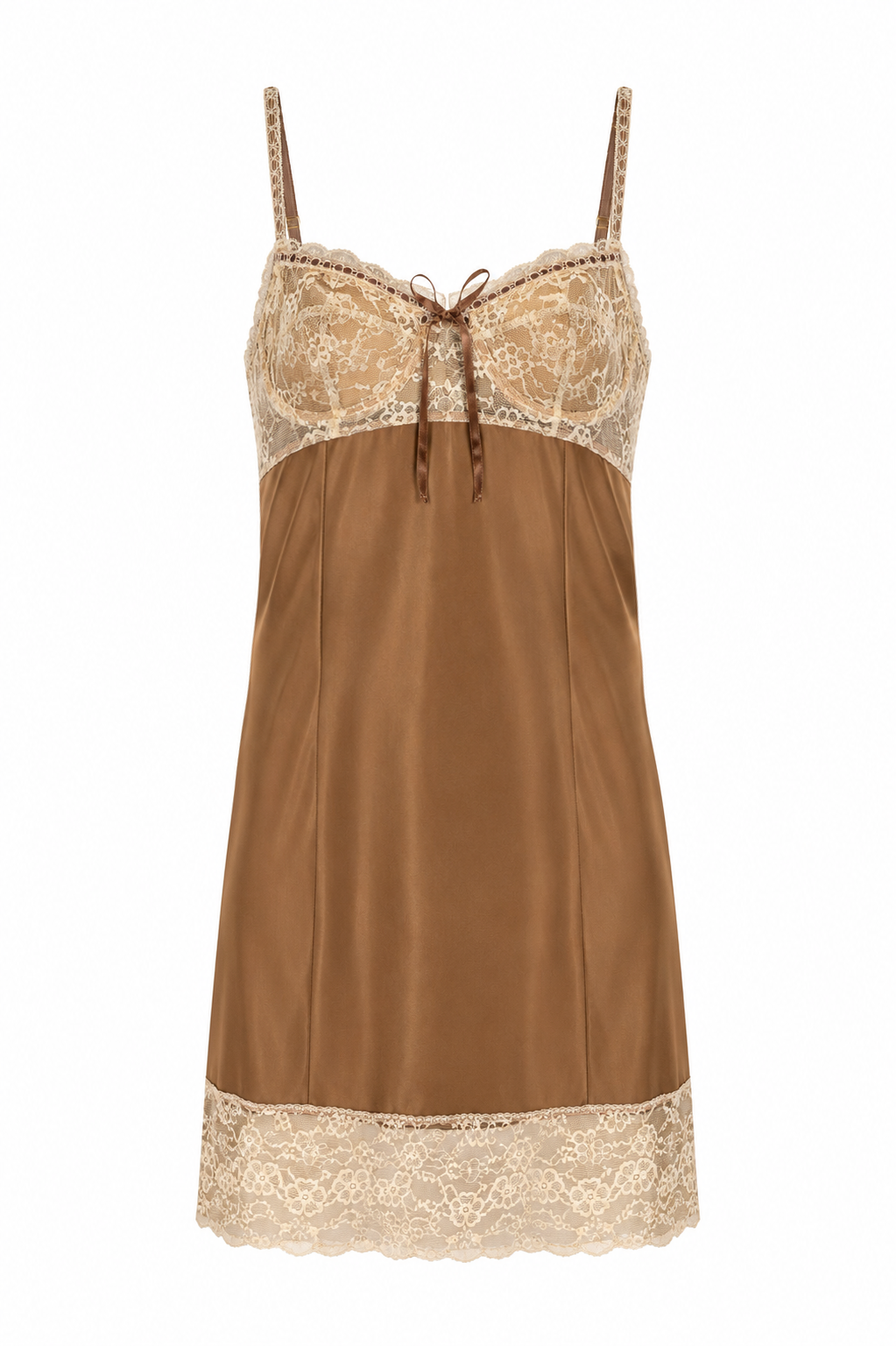 1960s Vintage Von Roalte Brown Satin & Ivory Lace Lingerie Slip – Made in USA XS/S