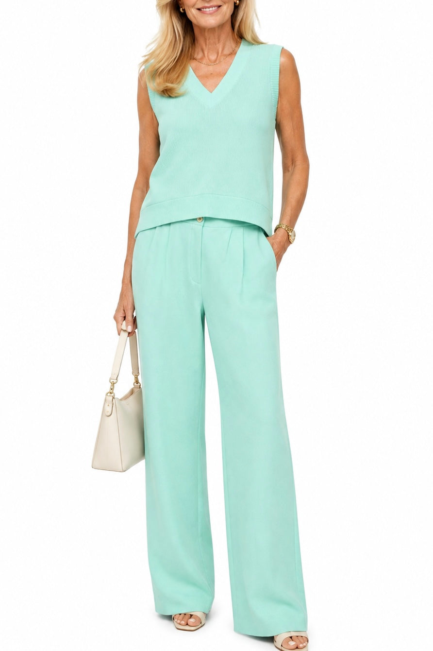 Vintage Mint Green Preppy 2-Piece Knit Vest & Trouser Set – Approx. Small/Medium