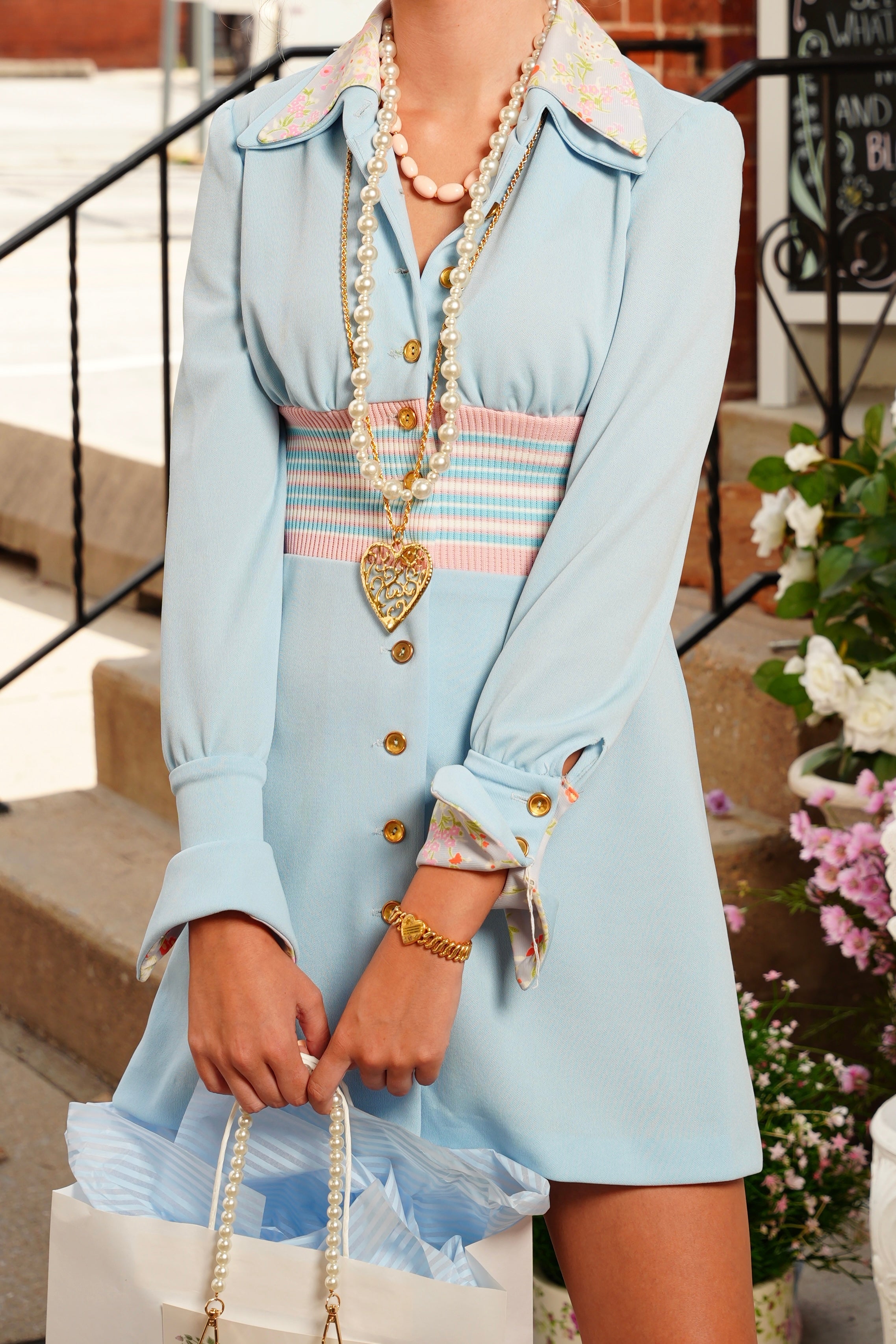 Vintage 1970s Baby Blue Mod Mini Dress Pink Striped Waist Floral Collar Bell Sleeves XS Union Made USA