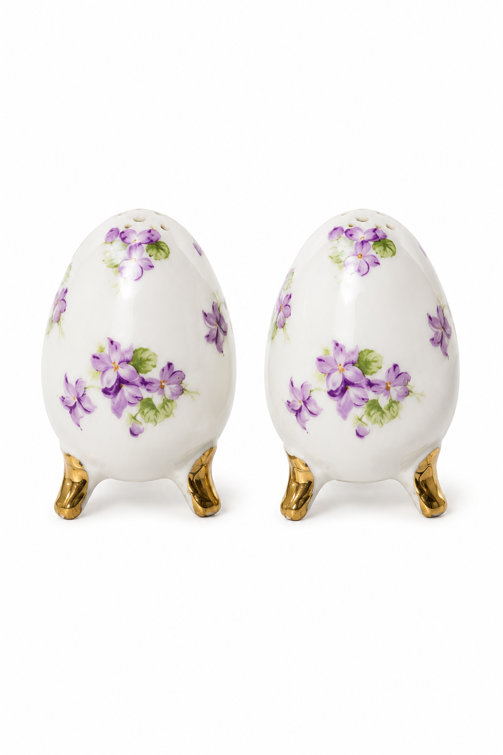 Vintage 1970s–1980s Enesco Japan Violet Floral Egg Salt & Pepper Shakers | Victorian Style
