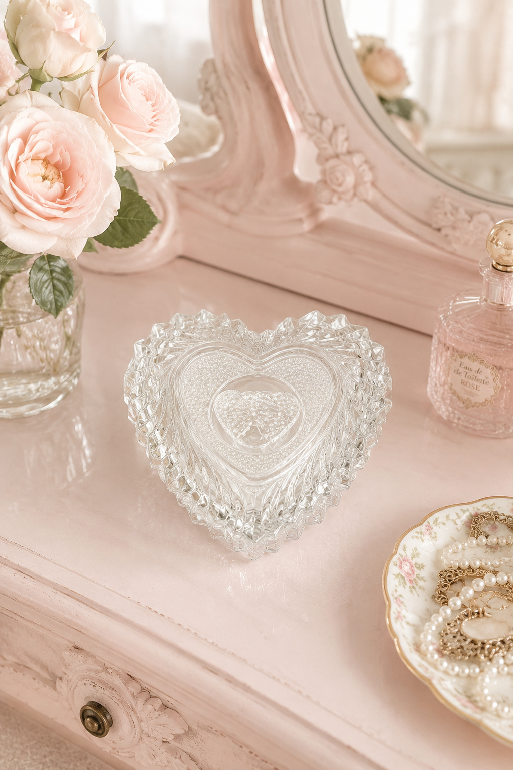 Vintage 1980s Romanian Crystal Double Heart Trinket Dish – Heart-Shaped Jewelry Catchall