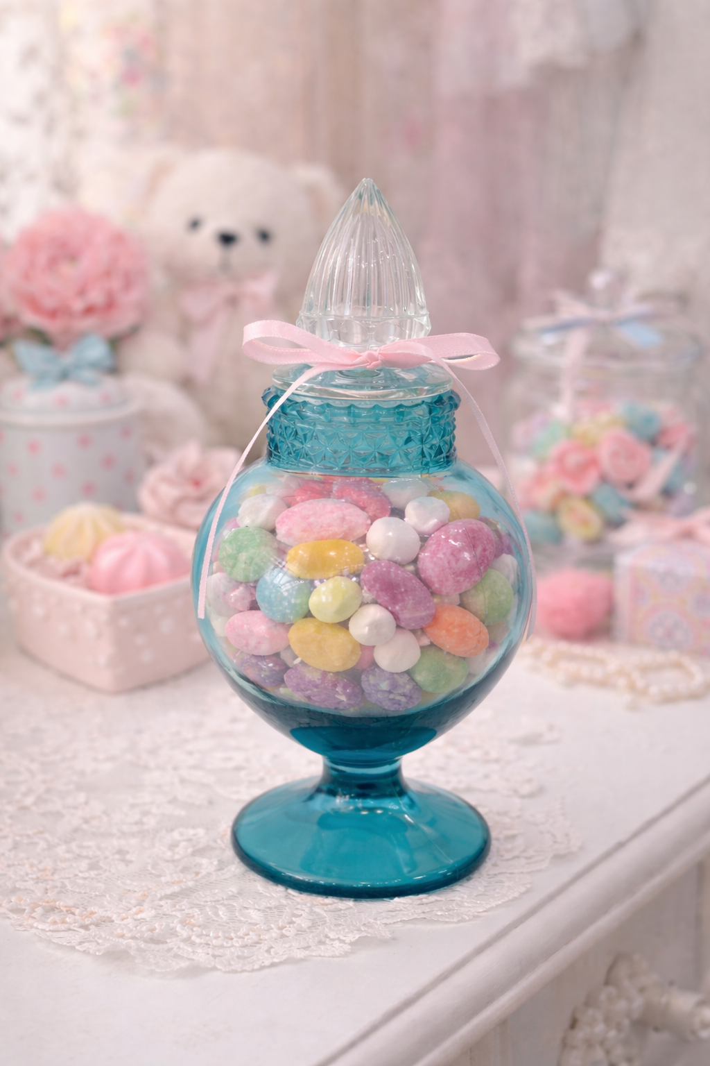 “Bleu Sirène” Vintage Turquoise Glass Apothecary Candy Dish / Vanity Jar