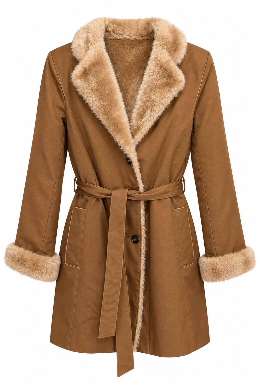 Vintage 1970s Bonders USA Brown Faux Fur Belted Trench Coat Jacket – Medium