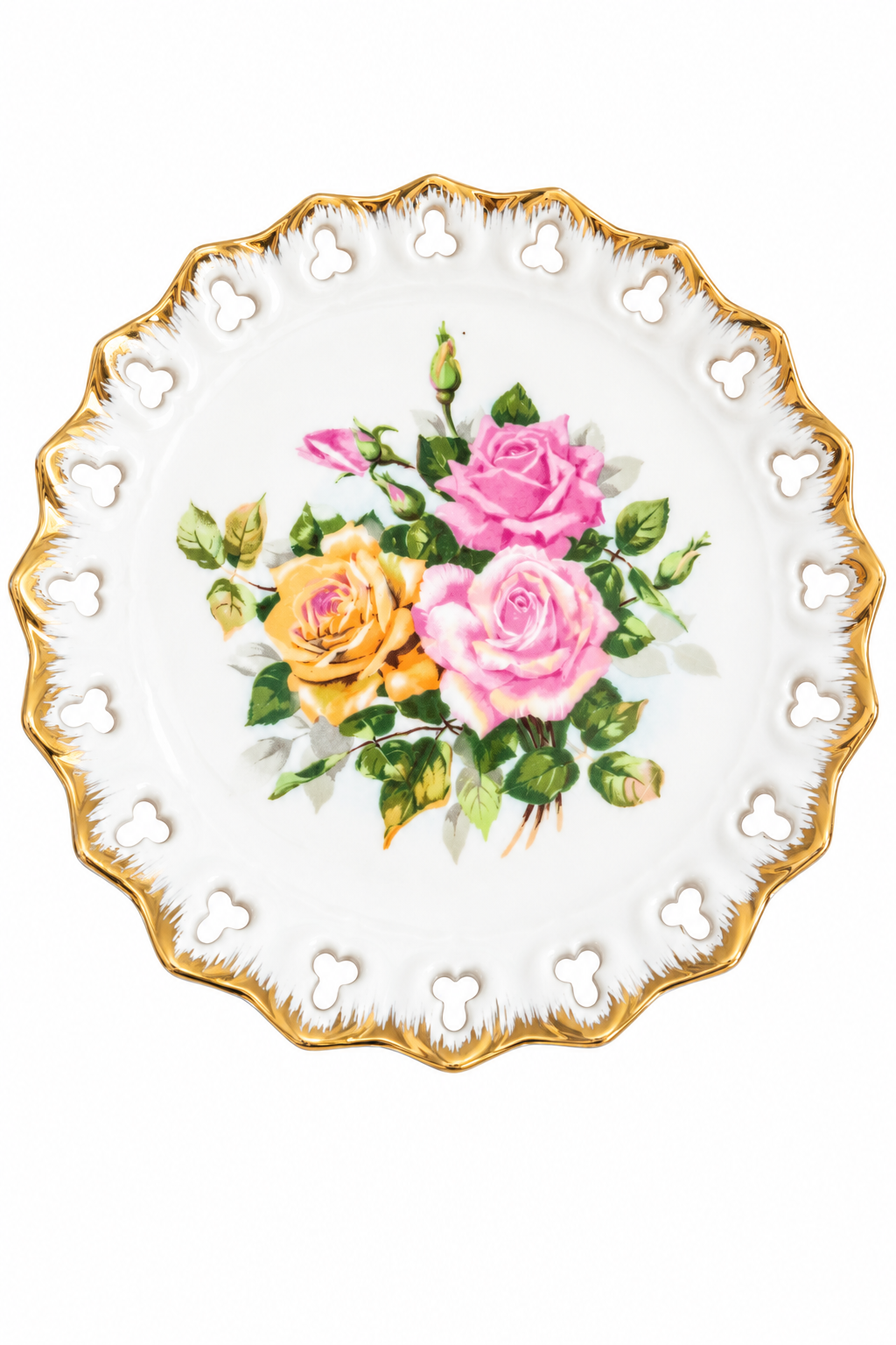 Vintage 1950s–1960s Norcrest China Co. Floral Wall Plate Pink & Yellow Roses Gold Trim | Made in Portland, Oregon | 8”