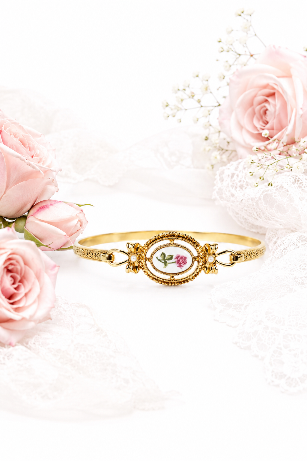 Vintage 1980s Avon Gold-Tone Porcelain Pink Rose Cameo Bangle Bracelet | Romantic Floral Hinged Bracelet