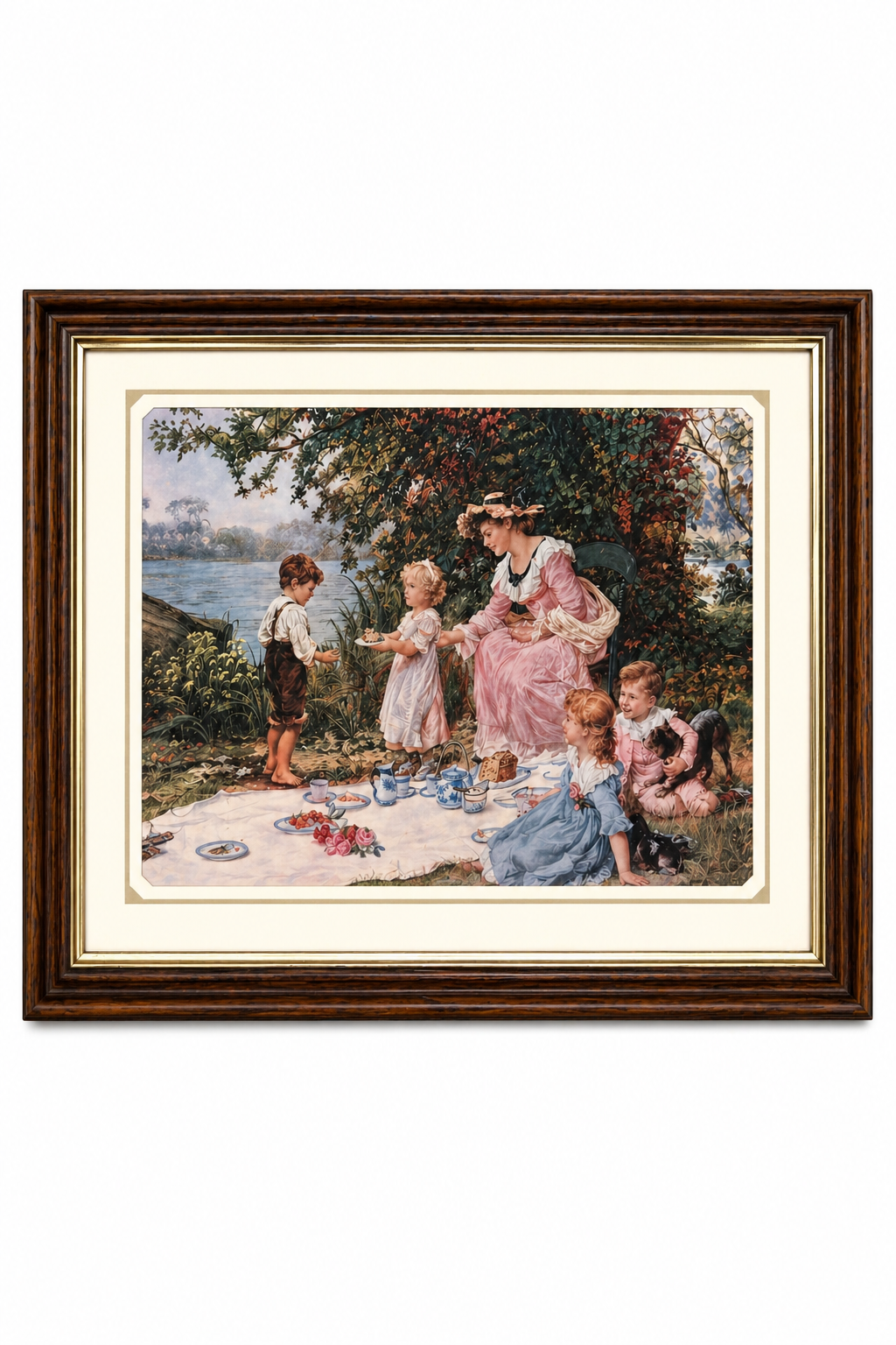 Vintage Framed Victorian Picnic Scene Print | Romantic Cottage Wall Art 1980s