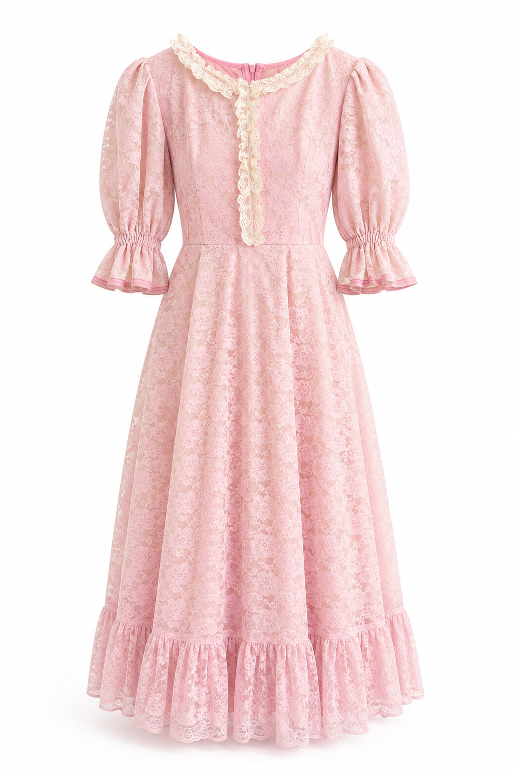Vintage 1960s-1970s Handmade Pink Floral Lace Prairie Dress Romantic Rapunzel Gown XS/S