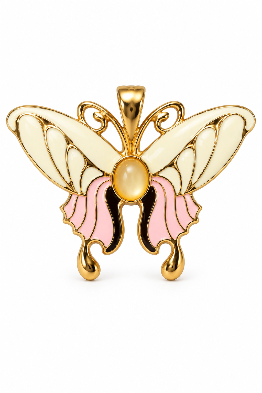 Vintage 1980s Signed RMN Roman Gold-Tone Pink & White Enamel Butterfly Pendant Enhancer – 2.5”