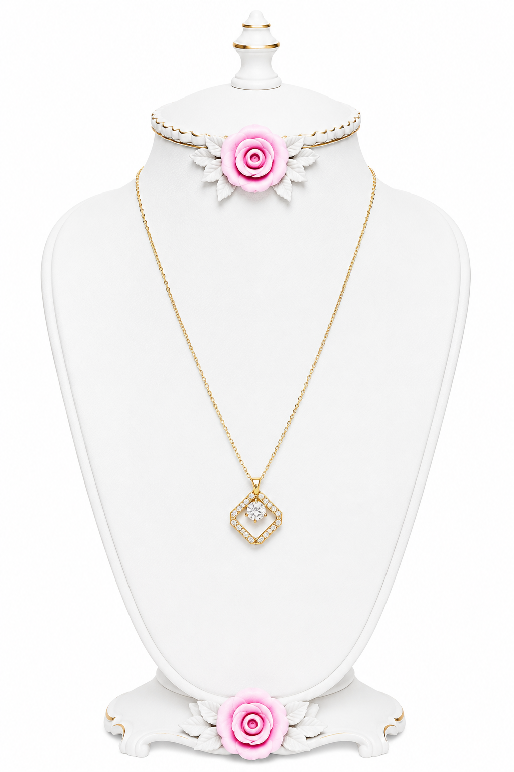 Y2K Gold Tone Open Rhombus Rhinestone Pendant Necklace – 18” Crystal Necklace