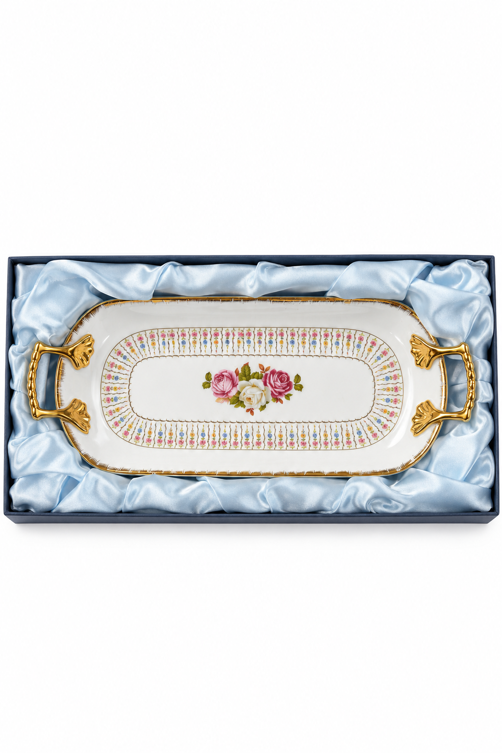 Vintage 1980s Chinese Export Porcelain Floral Relish Celery Tray with Gold Ginkgo Handles – Original Box 16”