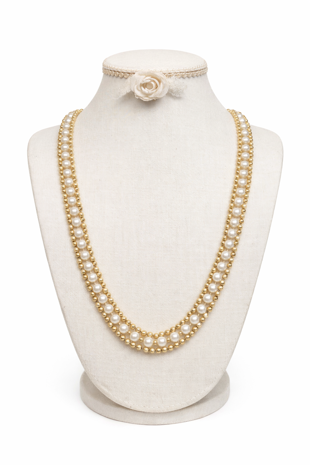 Vintage White & Gold Beaded Long Necklace – Double Strand Elegant Design | 36”