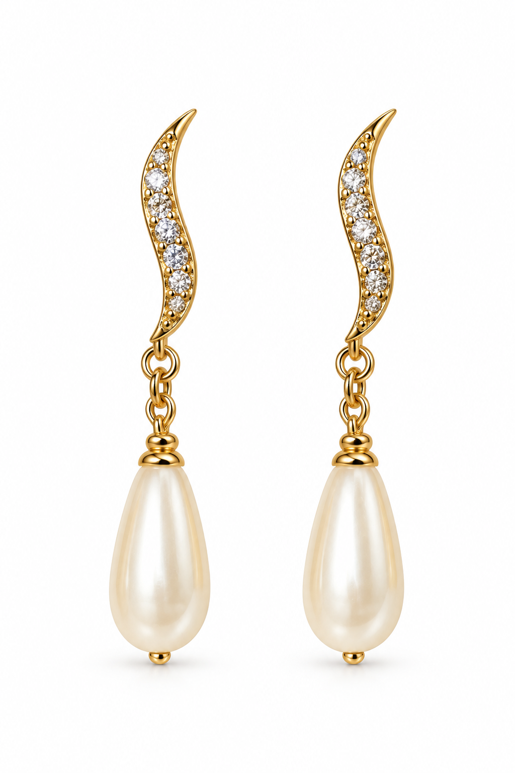Vintage 1980s Gold-Tone Pavé Rhinestone & Faux Teardrop Pearl Stud Drop Earrings