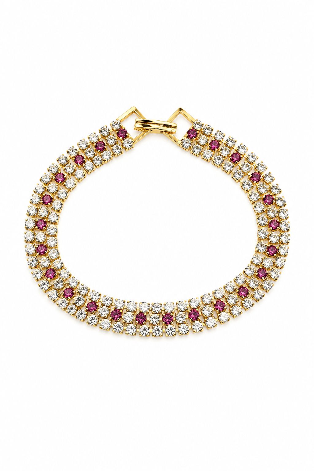 Vintage 1950s–1960s Triple Row Clear & Ruby Red Rhinestone Tennis Bracelet – Gold Tone Cocktail Bracelet