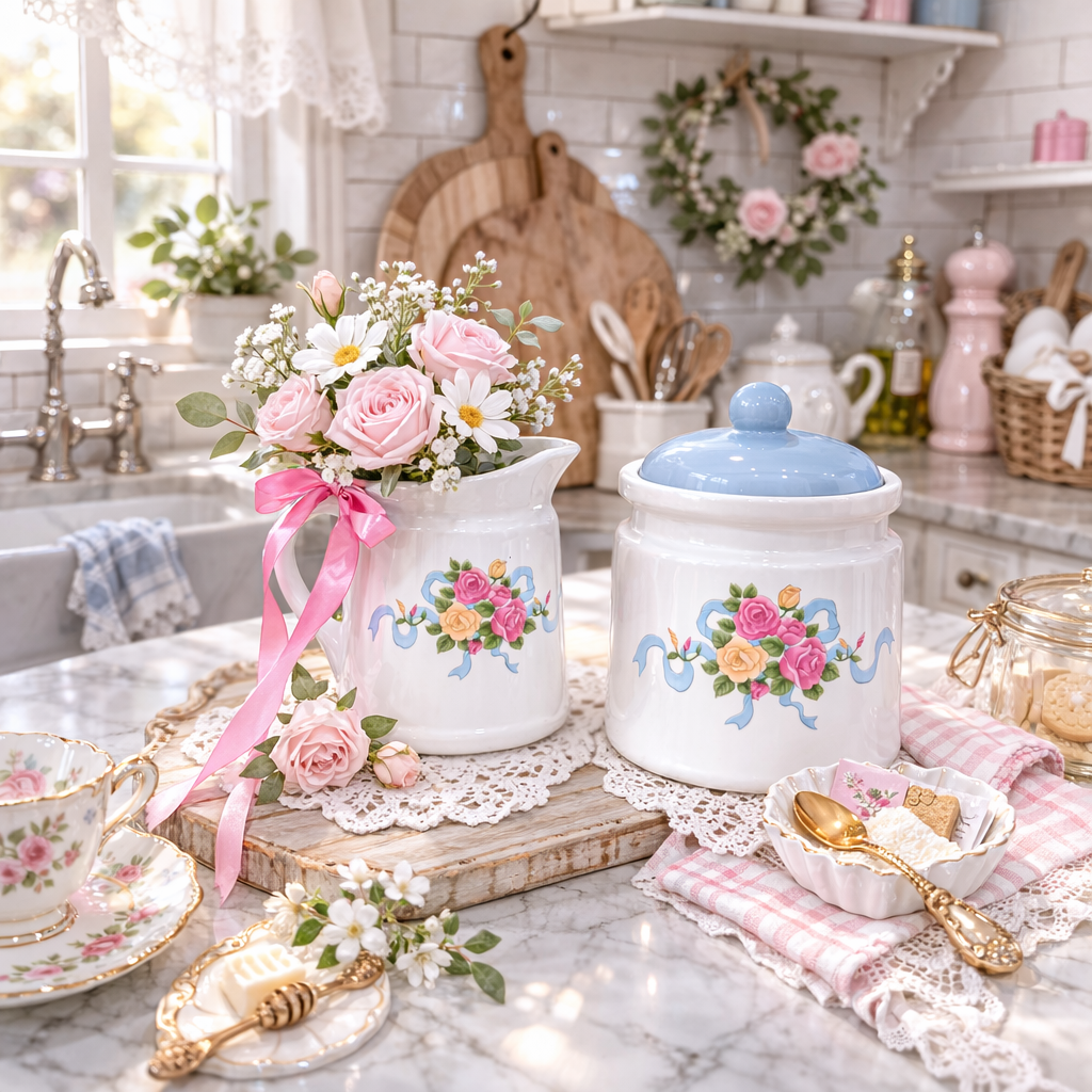 Vintage Floral Canister & Pitcher Set | Cottage core Kitchen Storage Jar & Milk Jug (2-Piece)