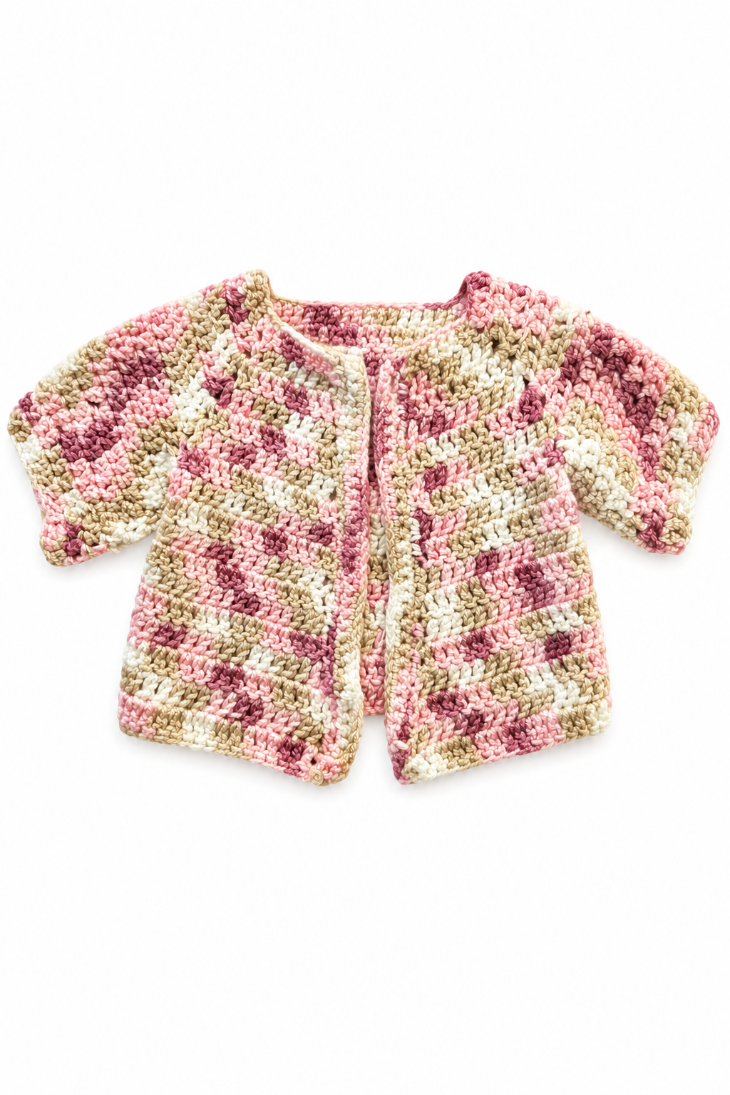 Vintage Handmade Baby Crochet Cardigan – Pink Cream & Taupe Open Front Baby Sweater