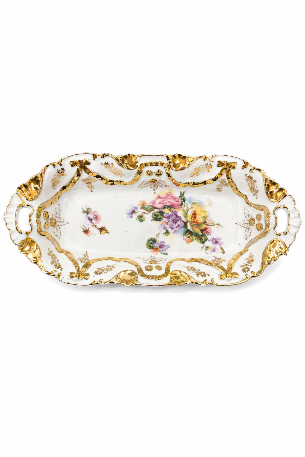 Antique 1900s JPF Germany Floral Porcelain Serving Dish | Gold Gilt Oval Vanity Tray