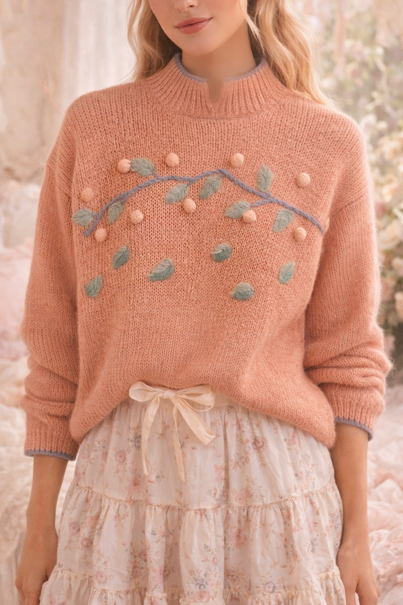 Wye Oaks Knit Peach Fruit Sweater | Vintage Hand-Knit Style Pullover (Size M)
