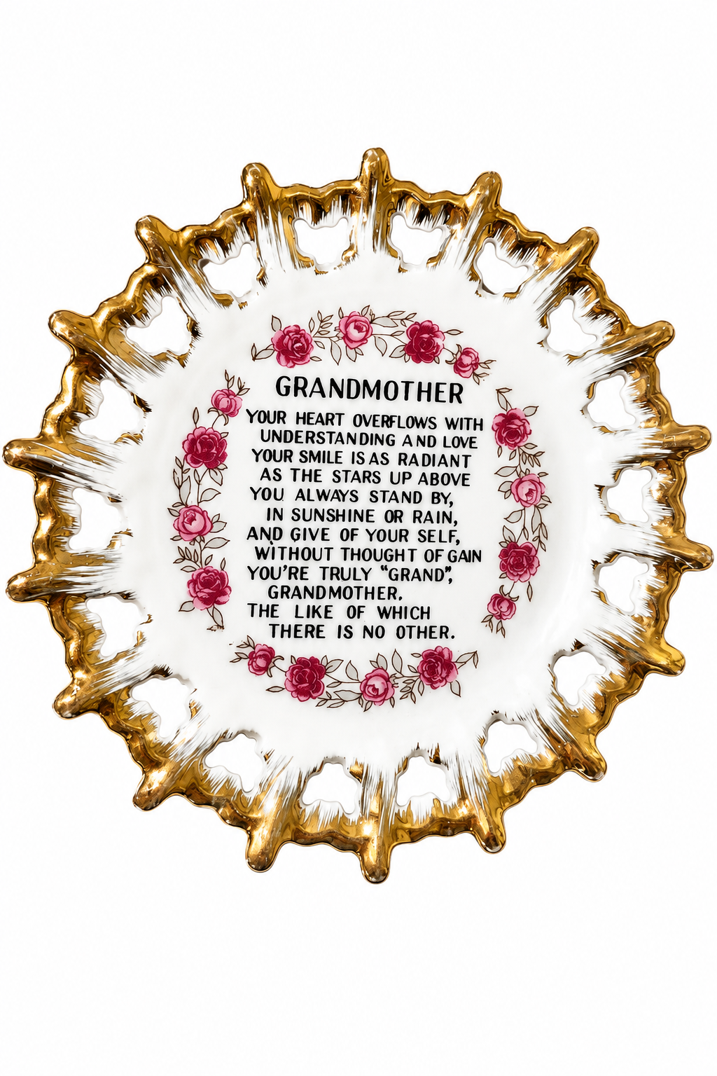 Vintage 1950s “Grandmother” Porcelain Wall Plate | Pink Roses | Gold Lace Edge | Collectible Keepsake
