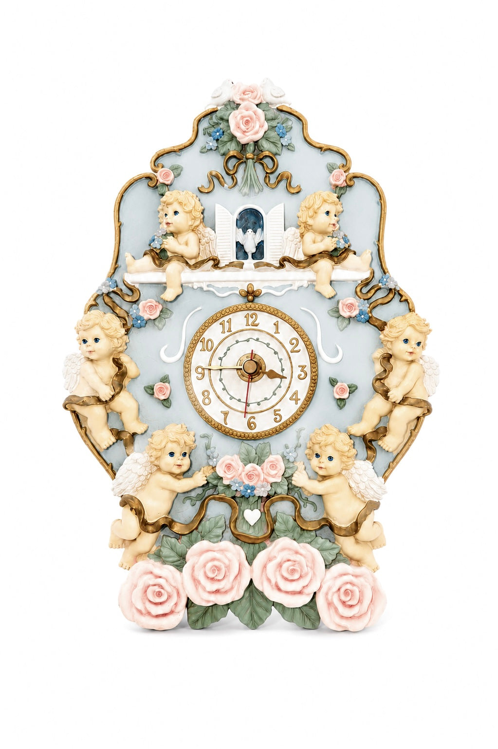 1990s Rococo Cherub & Rose Wall Clock | 3D Angel Decorative Wall Hanging | Shabby Chic Cottagecore Décor